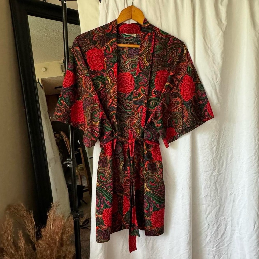 Vintage Val Mode Lingerie 💋▪️🌹 Dark rose  Floral satin night Robe